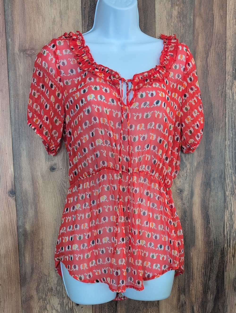 Needle & Thread Red Printed Ruffle-Tie Peasant Blouse M     942A